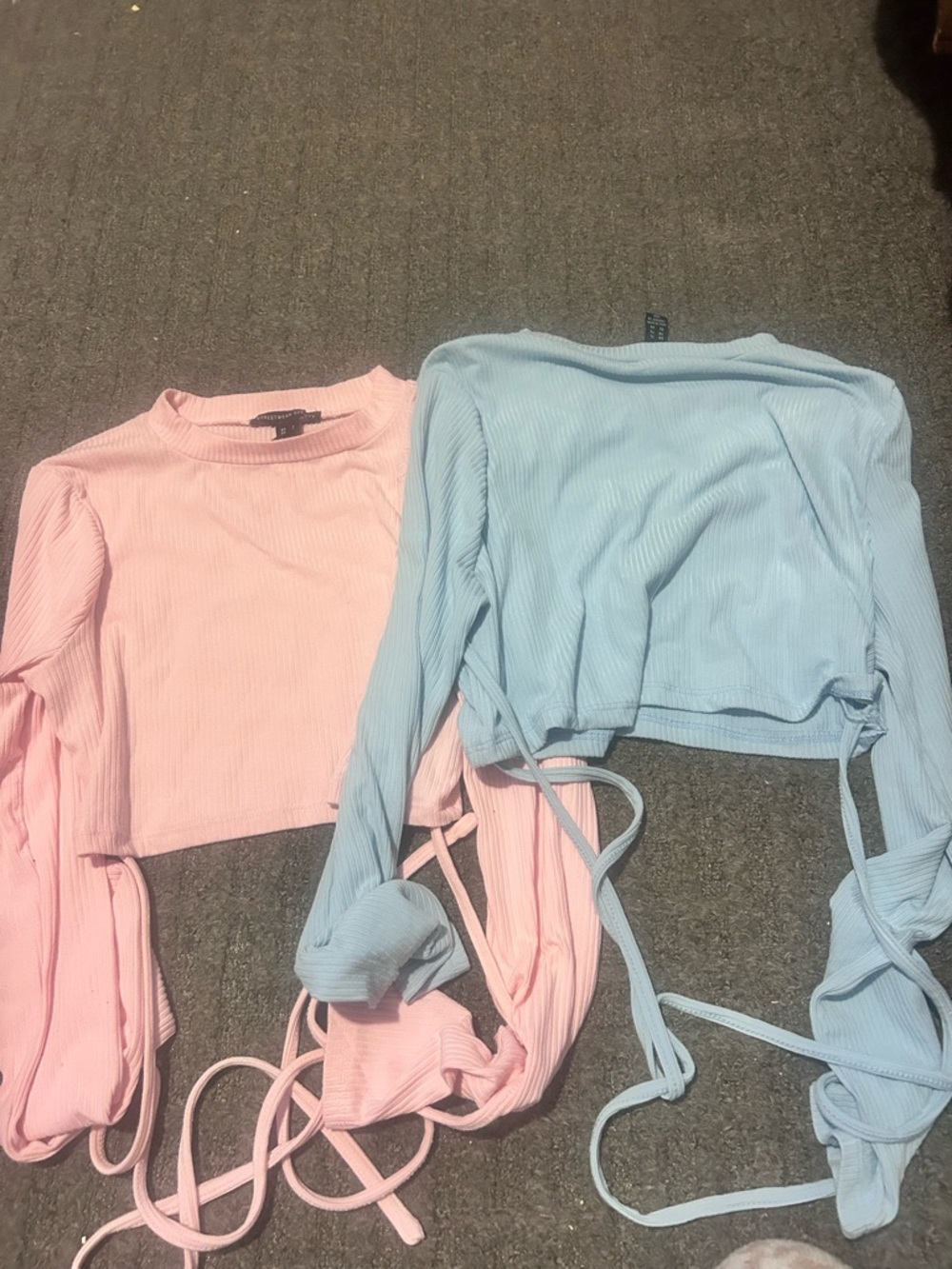 Streetwear Society Pastel Pink & Light Blue Ribbed Tie-Detail Crop Tops
